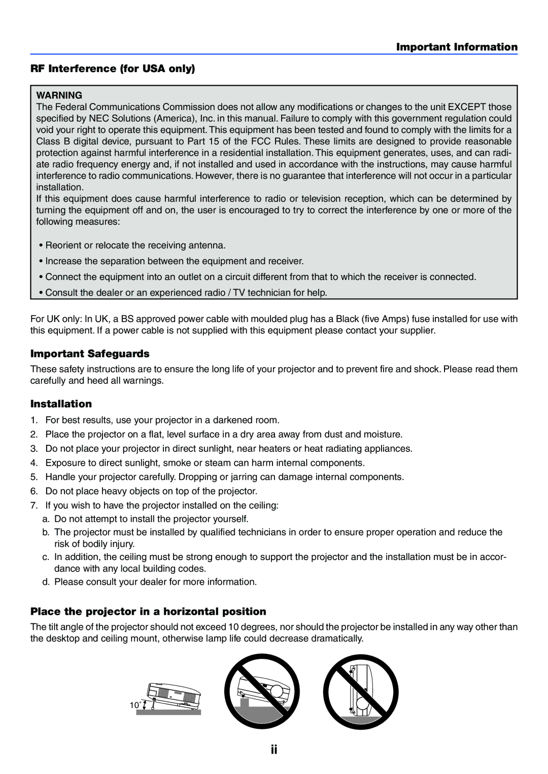 NEC VT37 manual Important Information RF Interference for USA only, Important Safeguards, Installation 