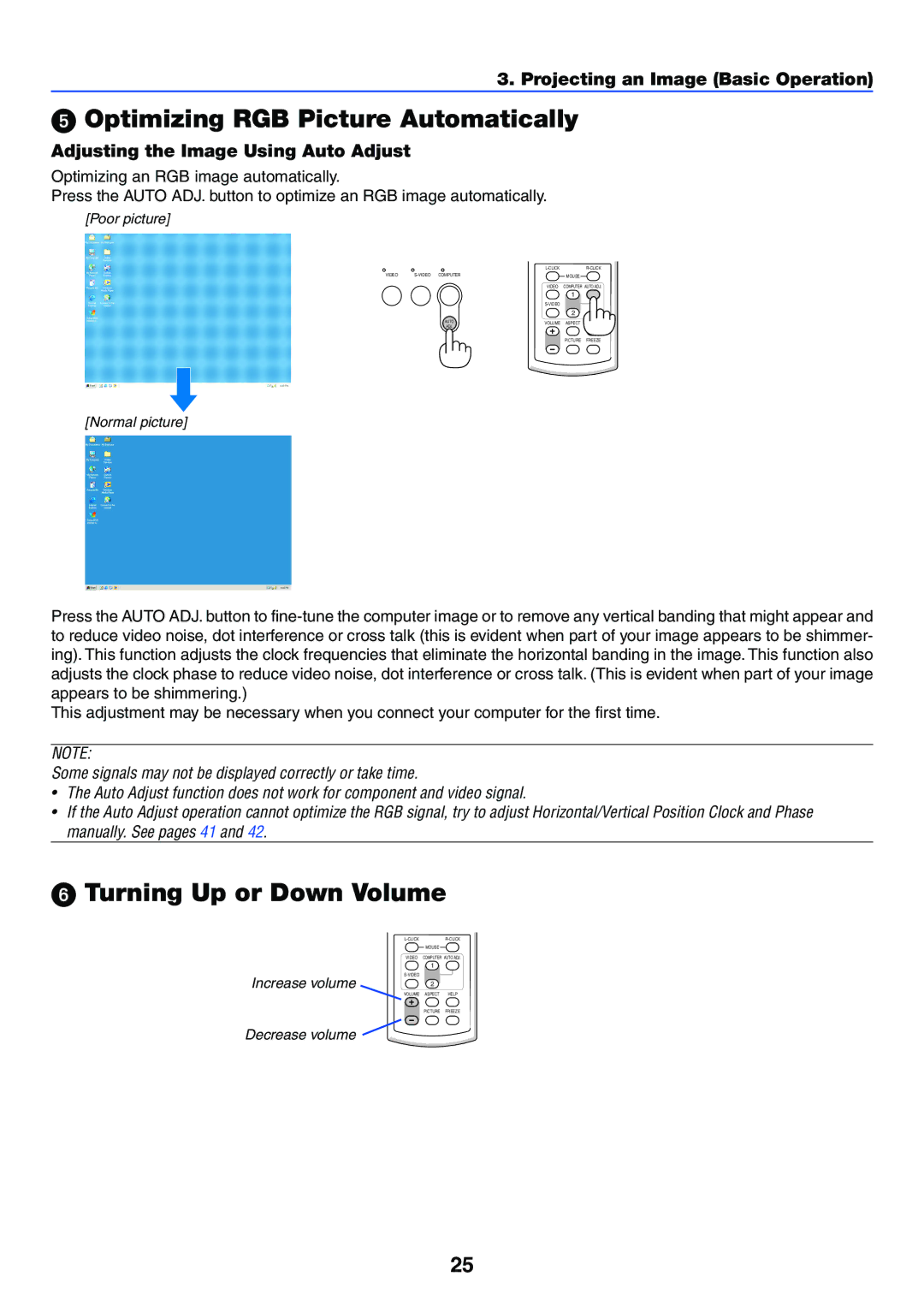 NEC VT37 manual Optimizing RGB Picture Automatically, Turning Up or Down Volume, Adjusting the Image Using Auto Adjust 