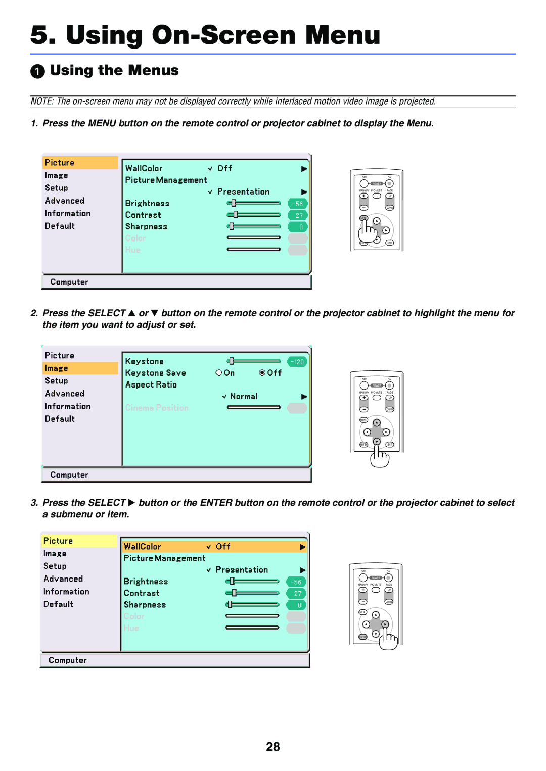 NEC VT37 manual Using On-Screen Menu, Using the Menus 