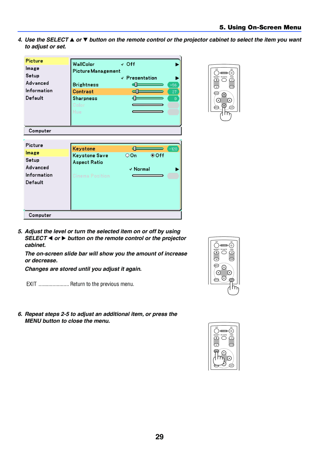 NEC VT37 manual Using On-Screen Menu 