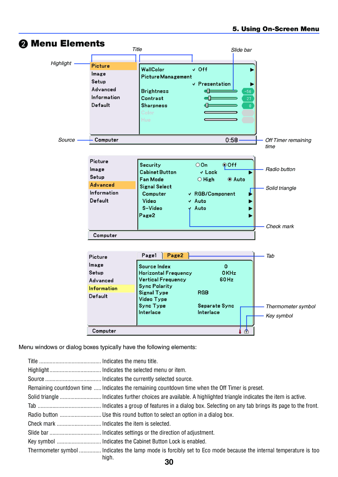 NEC VT37 manual Menu Elements, Indicates the Cabinet Button Lock is enabled 