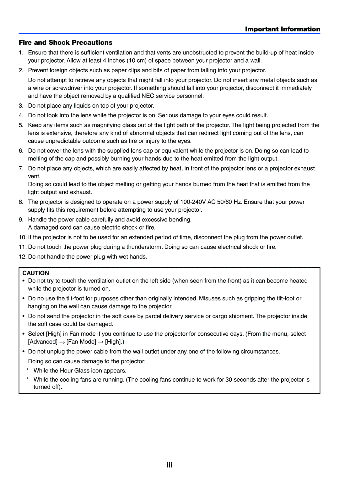 NEC VT37 manual Iii, Important Information Fire and Shock Precautions 