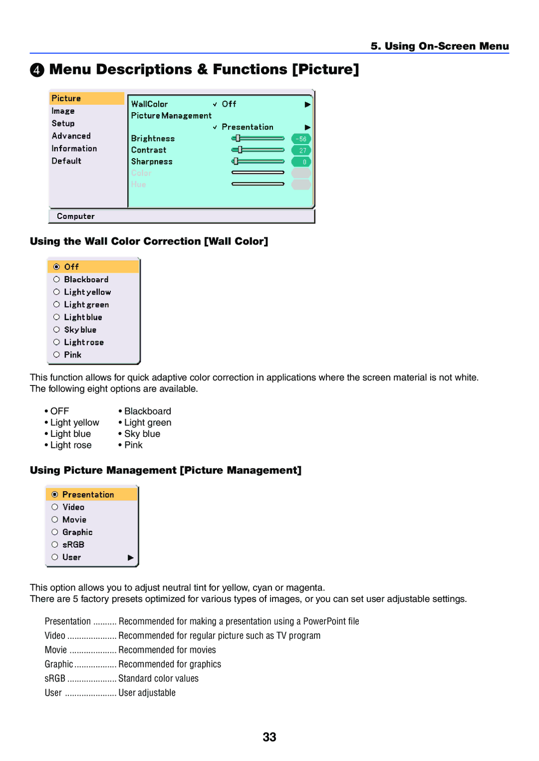 NEC VT37 manual Menu Descriptions & Functions Picture, Using the Wall Color Correction Wall Color 