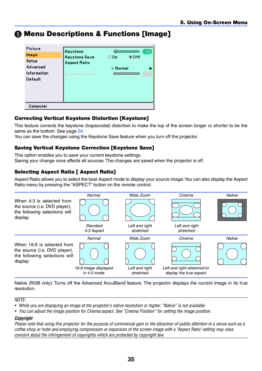 NEC VT37 manual Menu Descriptions & Functions Image, Correcting Vertical Keystone Distortion Keystone 