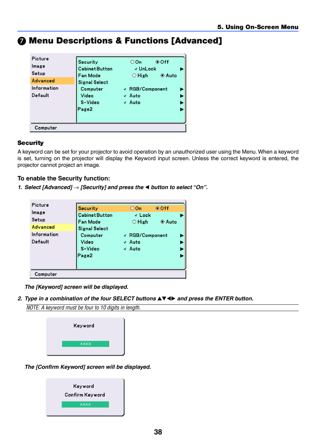 NEC VT37 manual Menu Descriptions & Functions Advanced, To enable the Security function 