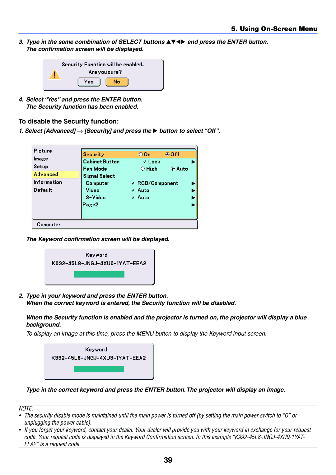 NEC VT37 manual To disable the Security function 