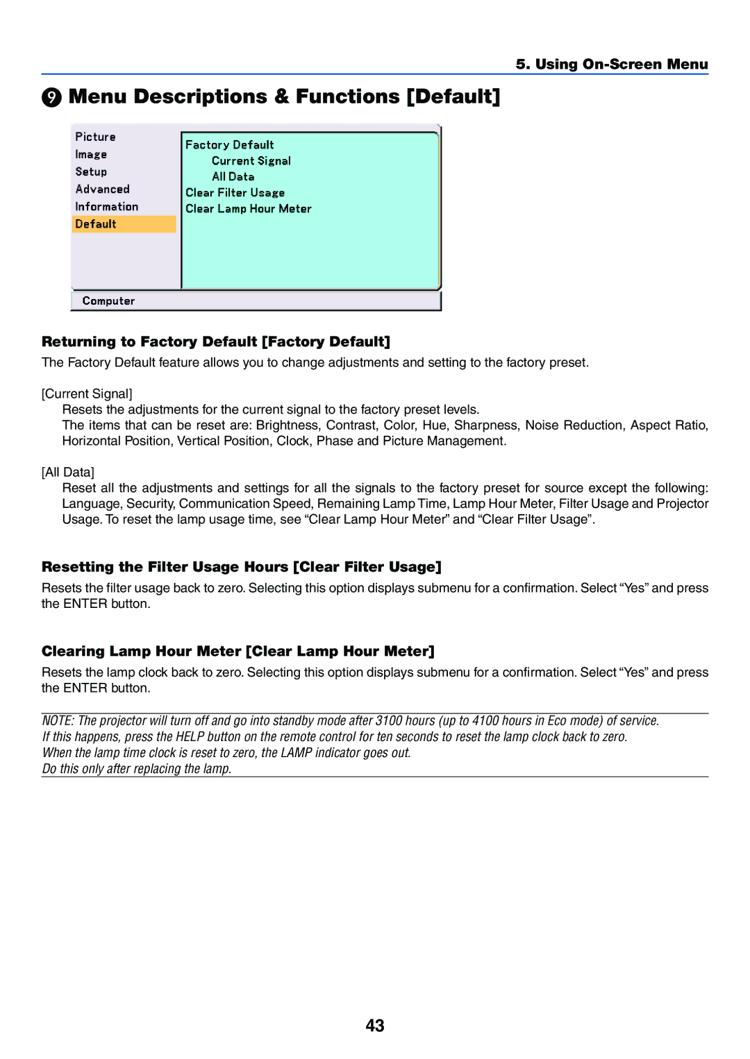 NEC VT37 manual Menu Descriptions & Functions Default, Returning to Factory Default Factory Default 