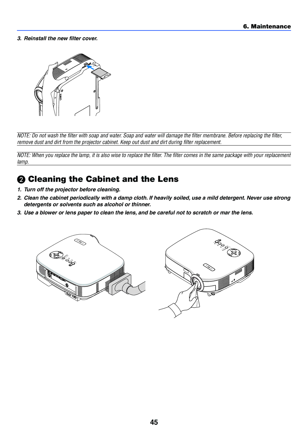 NEC VT37 manual Cleaning the Cabinet and the Lens, Maintenance 