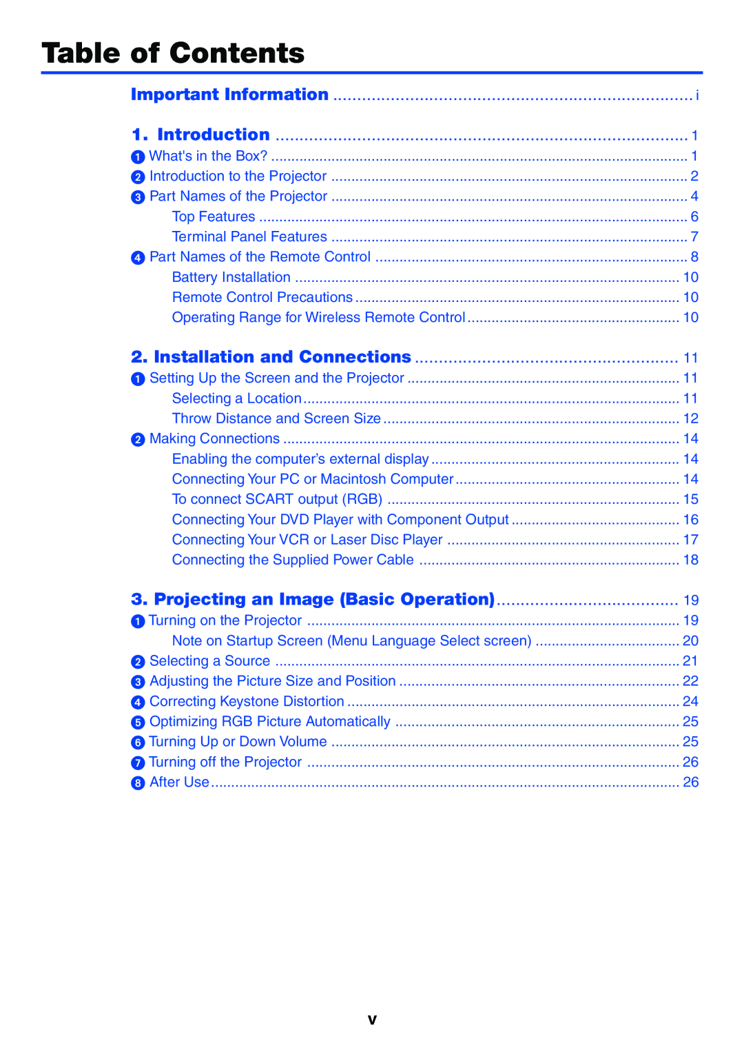 NEC VT37 manual Table of Contents 