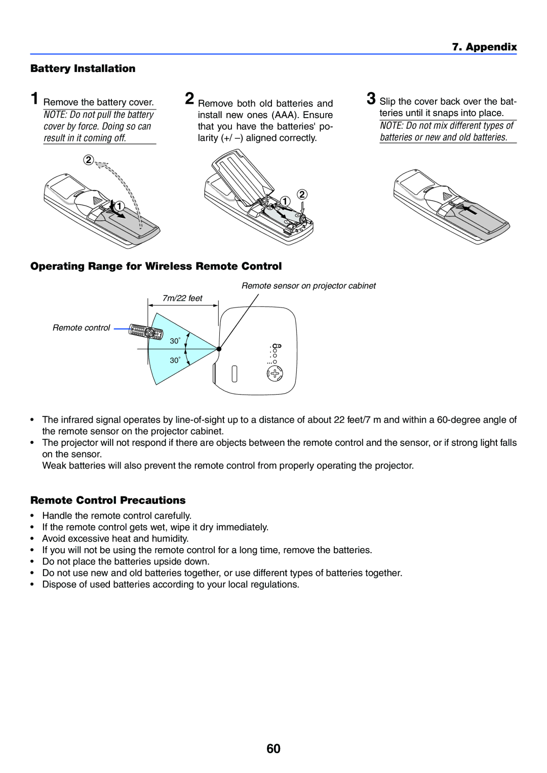 NEC VT37 manual Appendix Battery Installation, Operating Range for Wireless Remote Control 