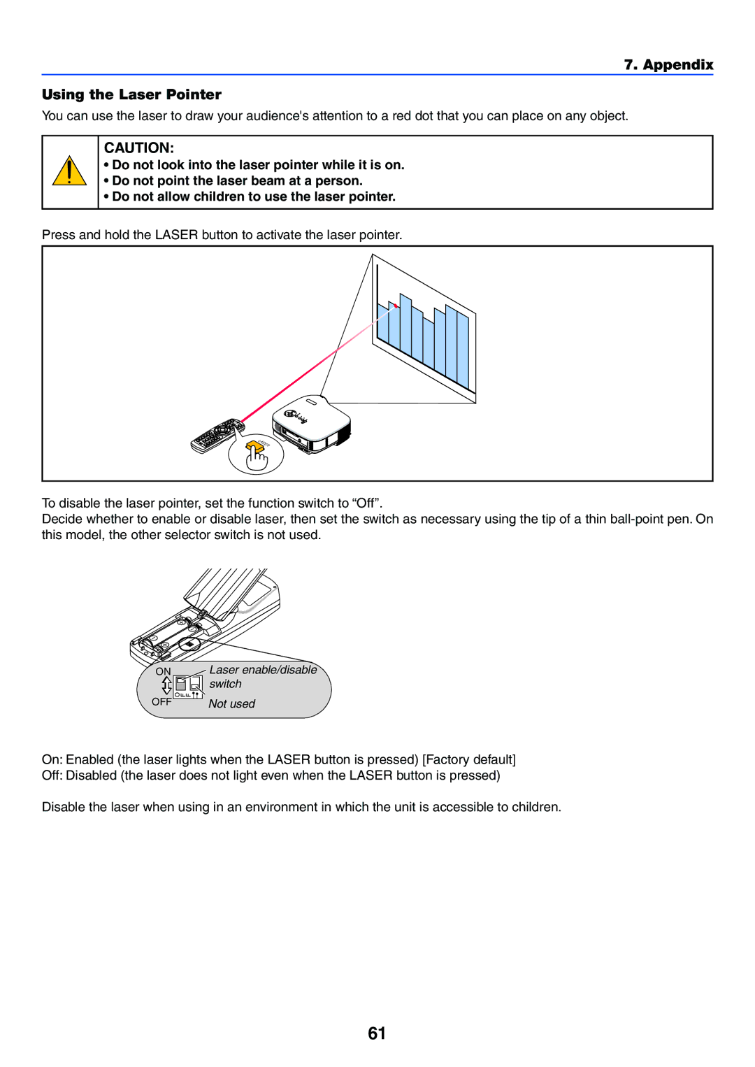 NEC VT37 manual Appendix Using the Laser Pointer 