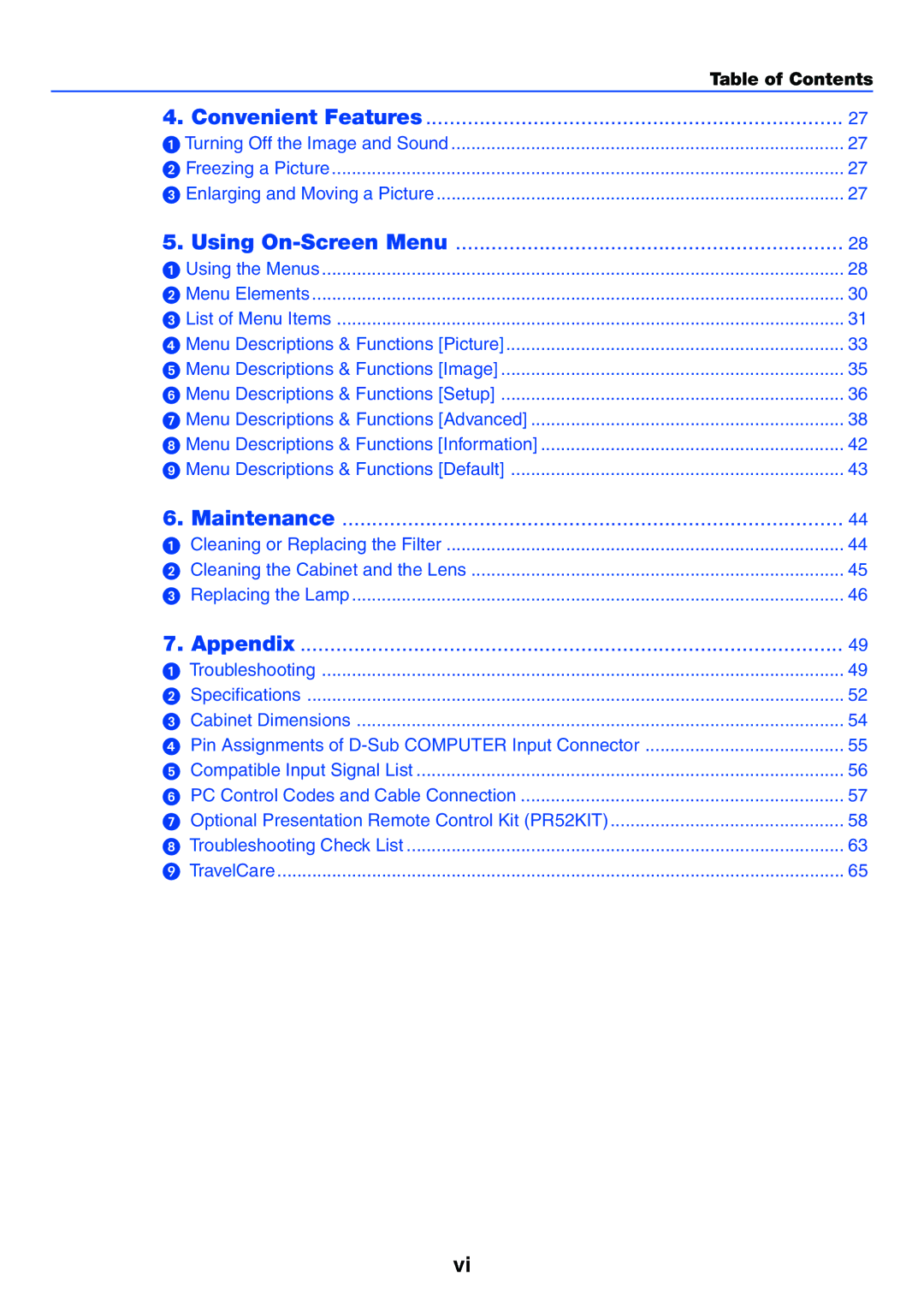 NEC VT37 manual Table of Contents 