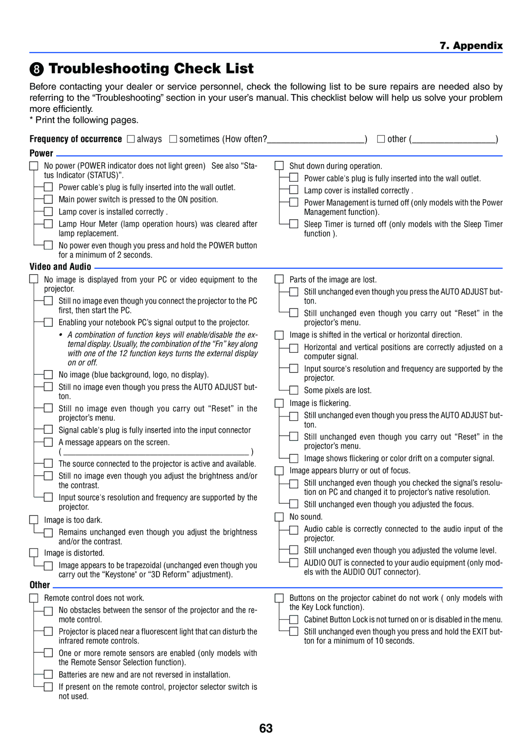 NEC VT37 manual Troubleshooting Check List, Power, Video and Audio, Other 