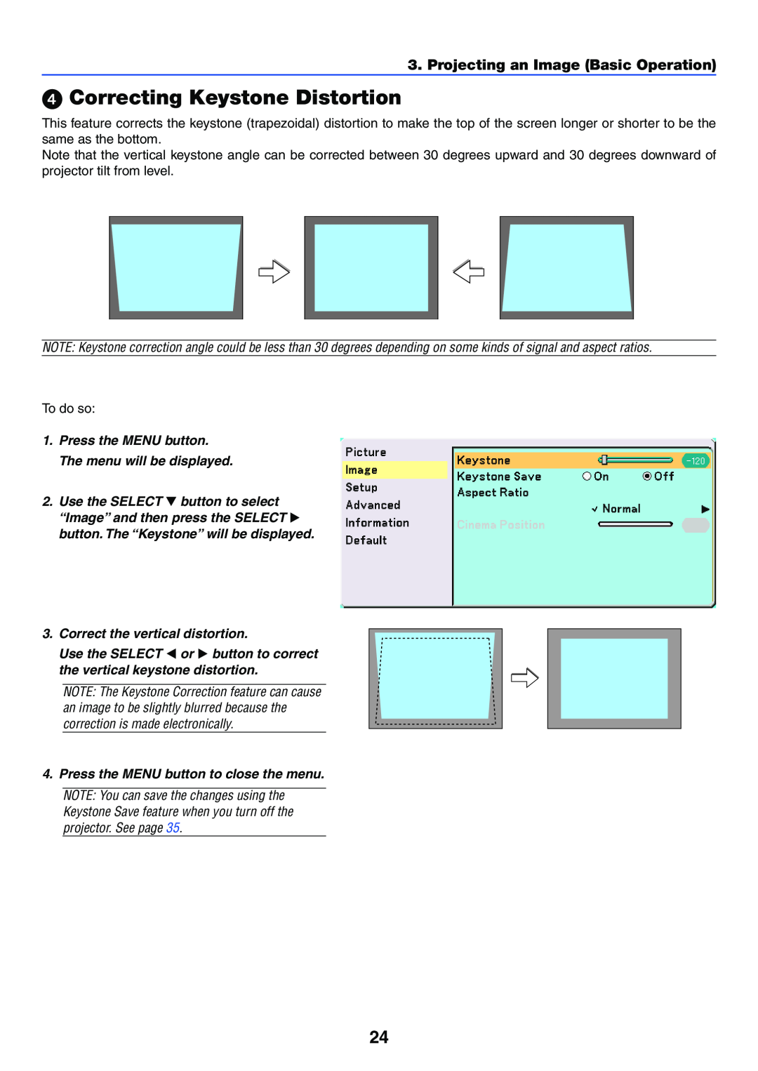 NEC VT37 manual Correcting Keystone Distortion, Projecting an Image Basic Operation 