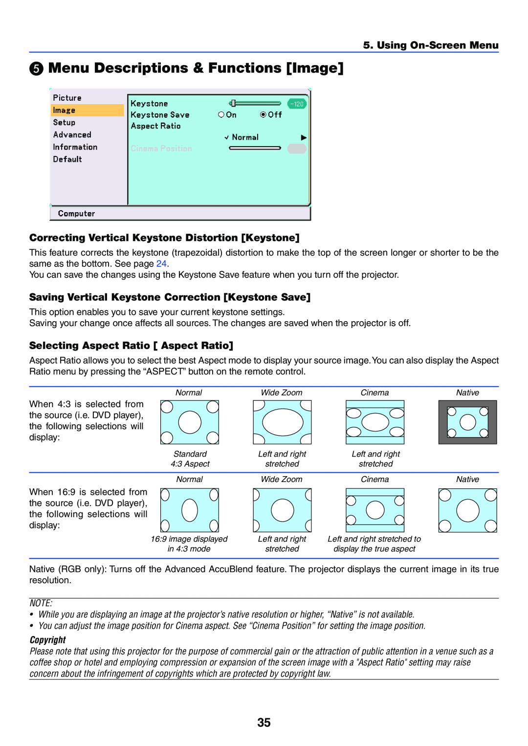 NEC VT37 manual Menu Descriptions & Functions Image, Correcting Vertical Keystone Distortion Keystone, Using On-Screen Menu 