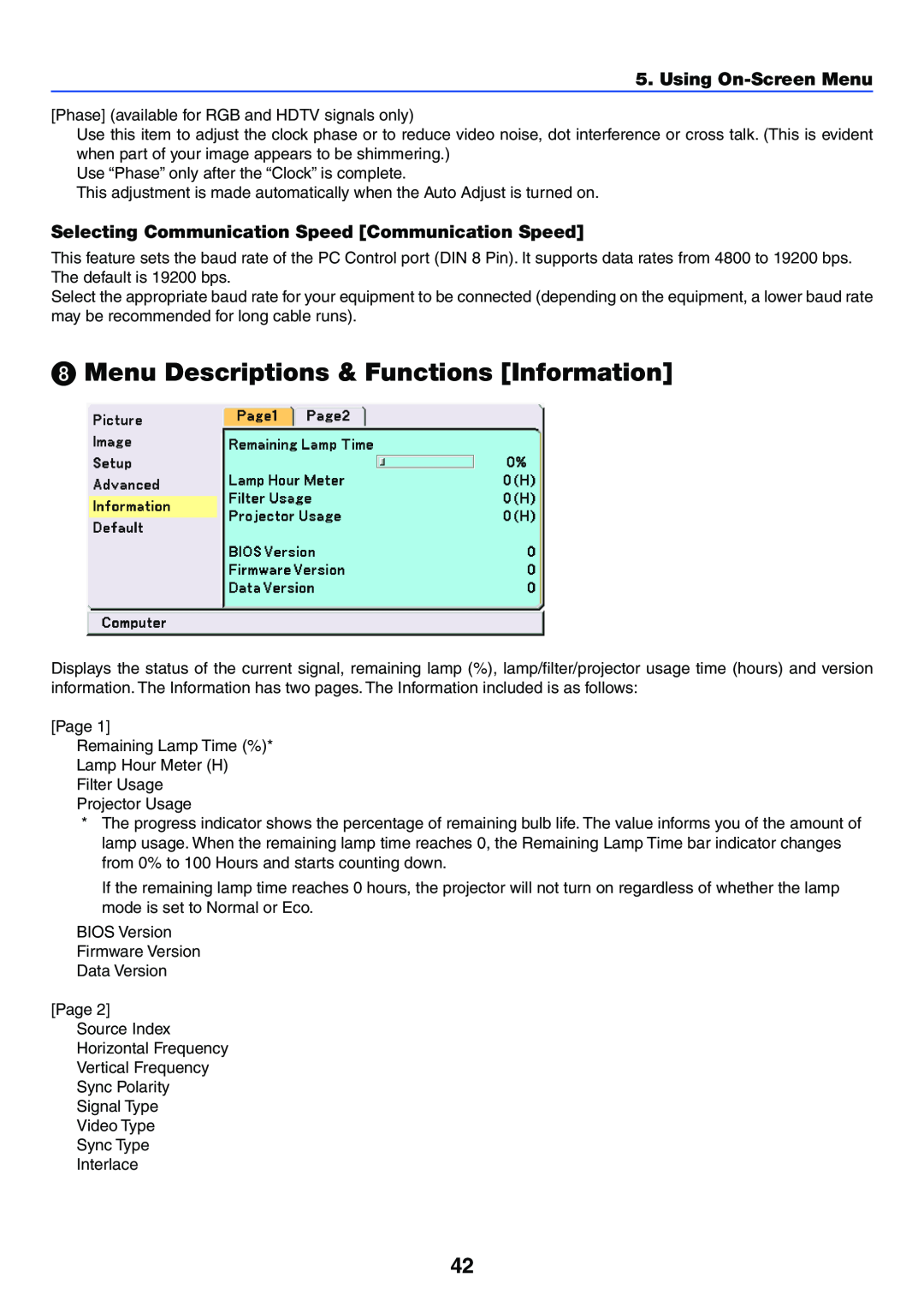 NEC VT37 manual Menu Descriptions & Functions Information, Selecting Communication Speed Communication Speed 