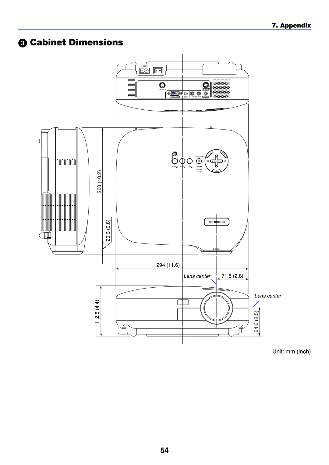 NEC VT37 manual Cabinet Dimensions, Appendix, Lens center, 71.5, In Ac, Zoom, Focus 