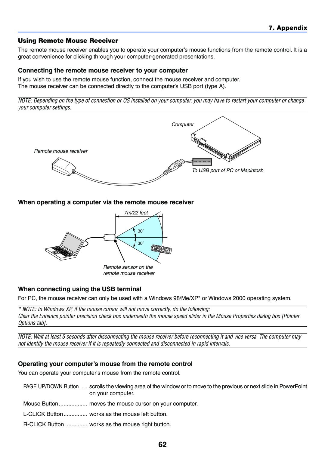 NEC VT37 manual Appendix Using Remote Mouse Receiver, Connecting the remote mouse receiver to your computer 