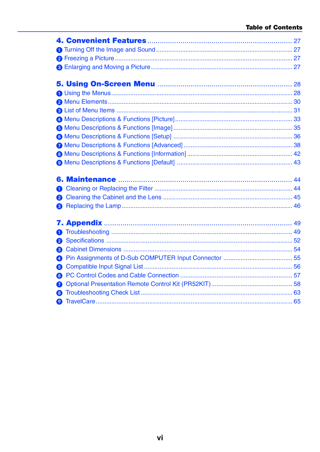 NEC VT37 manual Table of Contents, Convenient Features, Using On-Screen Menu, Maintenance, Appendix 