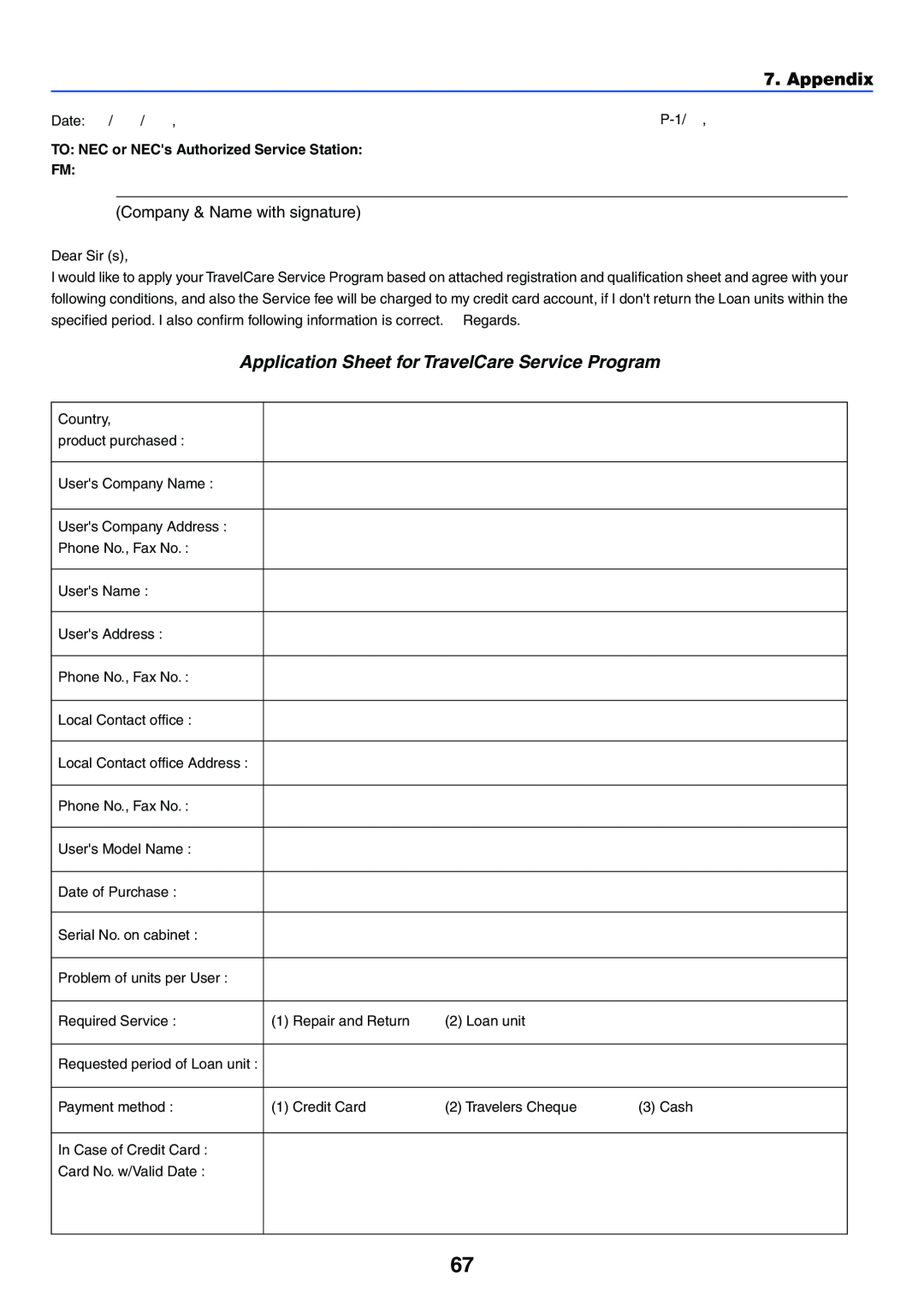 NEC VT37 manual Appendix, Application Sheet for TravelCare Service Program, Company & Name with signature 