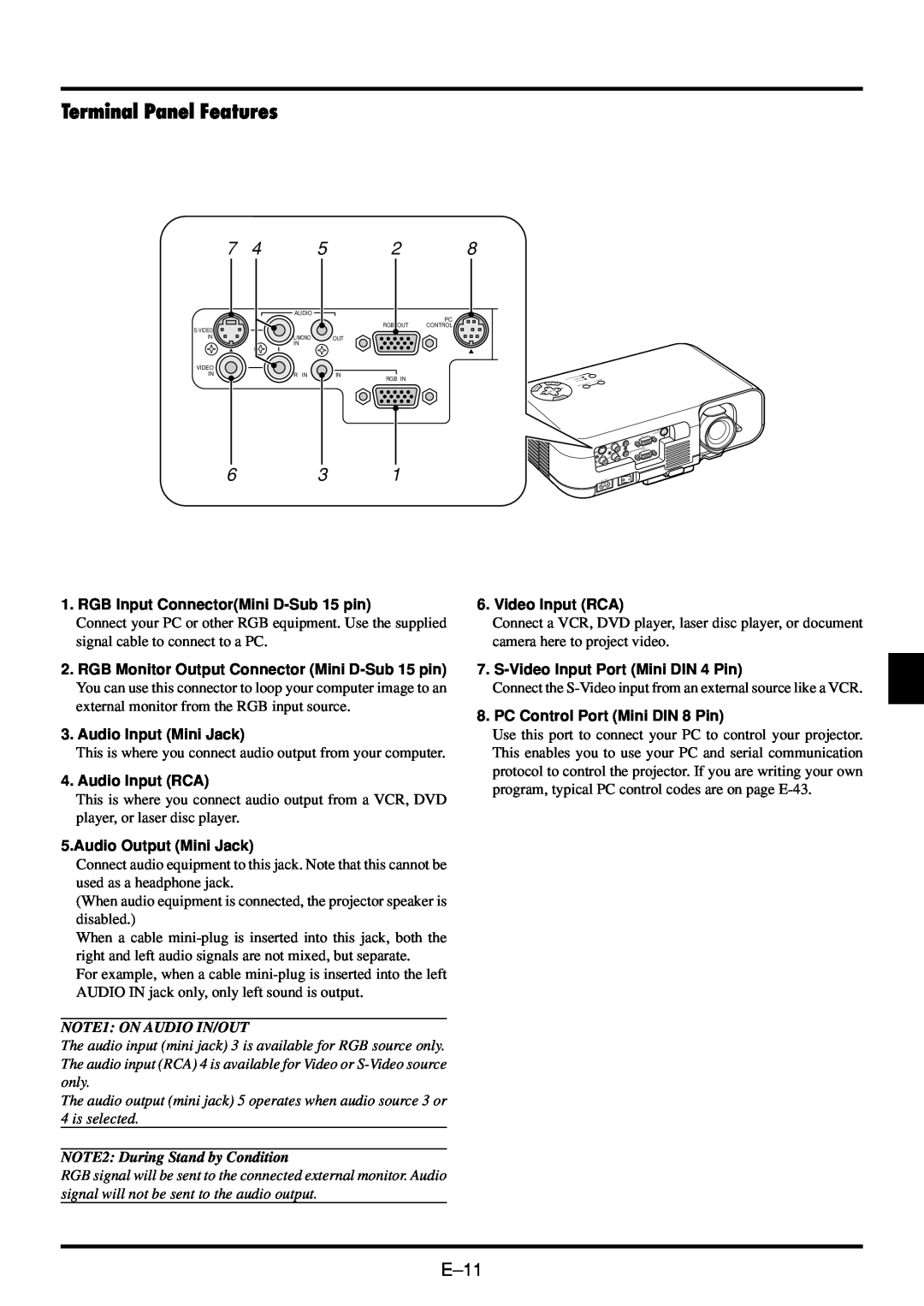 NEC VT45 user manual Terminal Panel Features, E-11, NOTE1 ON AUDIO IN/OUT, NOTE2 During Stand by Condition 