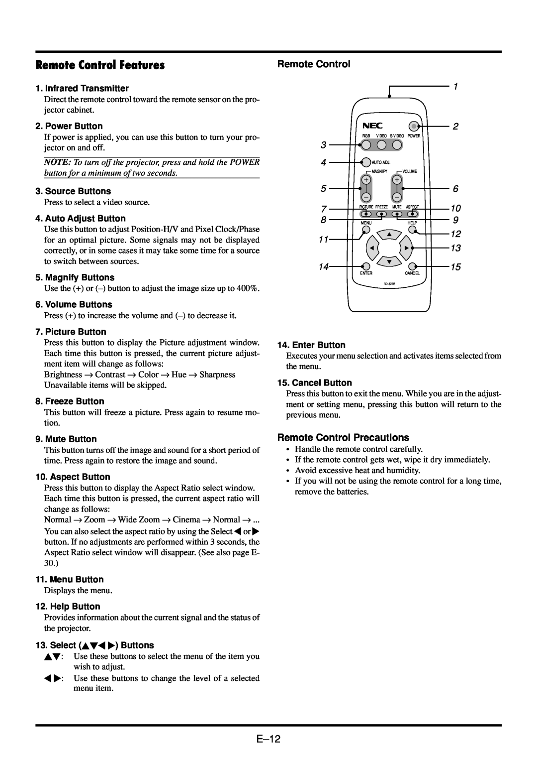 NEC VT45 user manual Remote Control Features, Remote Control Precautions 