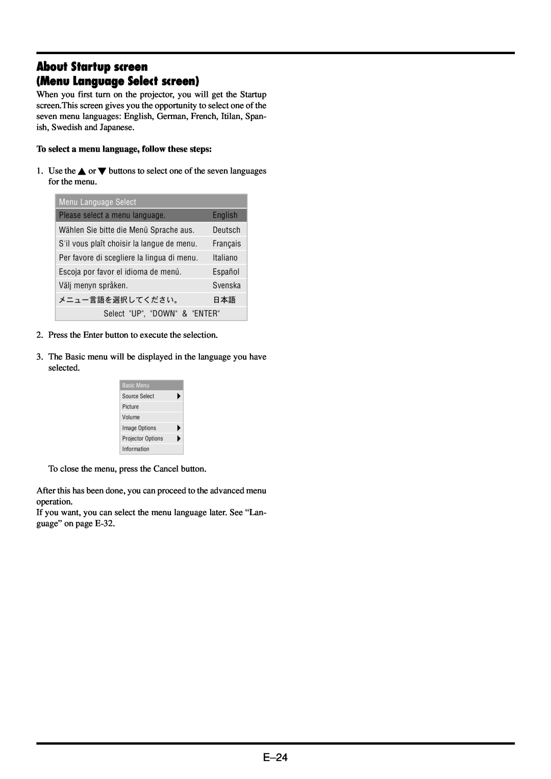 NEC VT45 user manual About Startup screen Menu Language Select screen, E-24, To select a menu language, follow these steps 