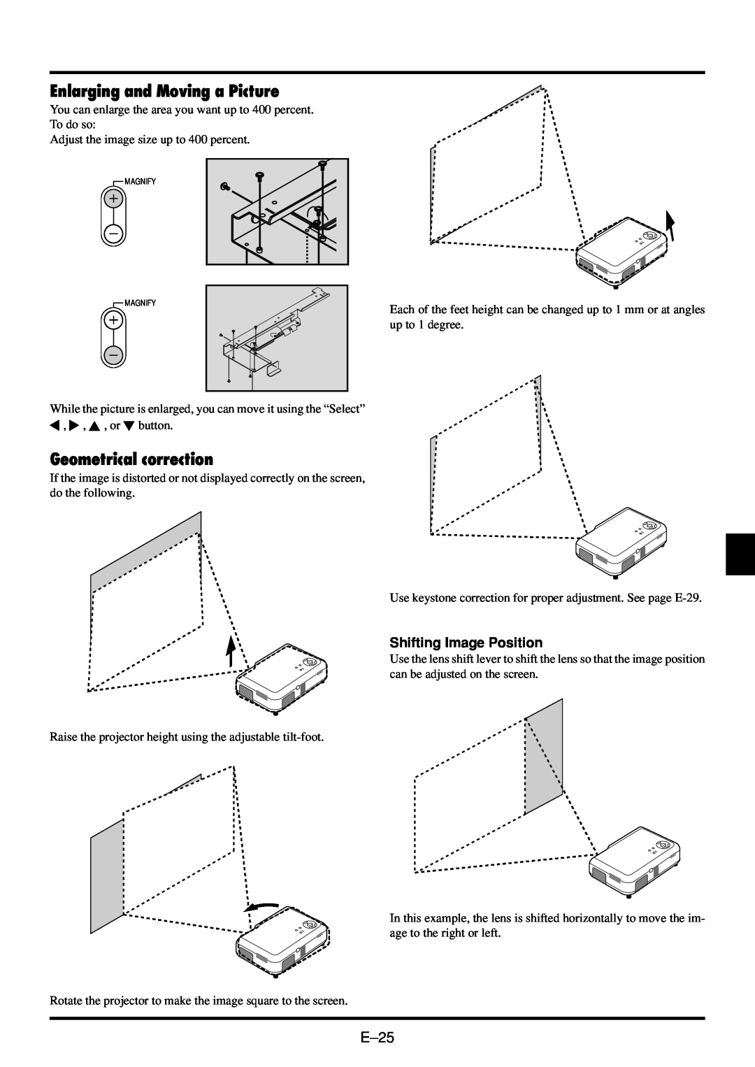 NEC VT45 user manual Enlarging and Moving a Picture, Geometrical correction, Shifting Image Position 
