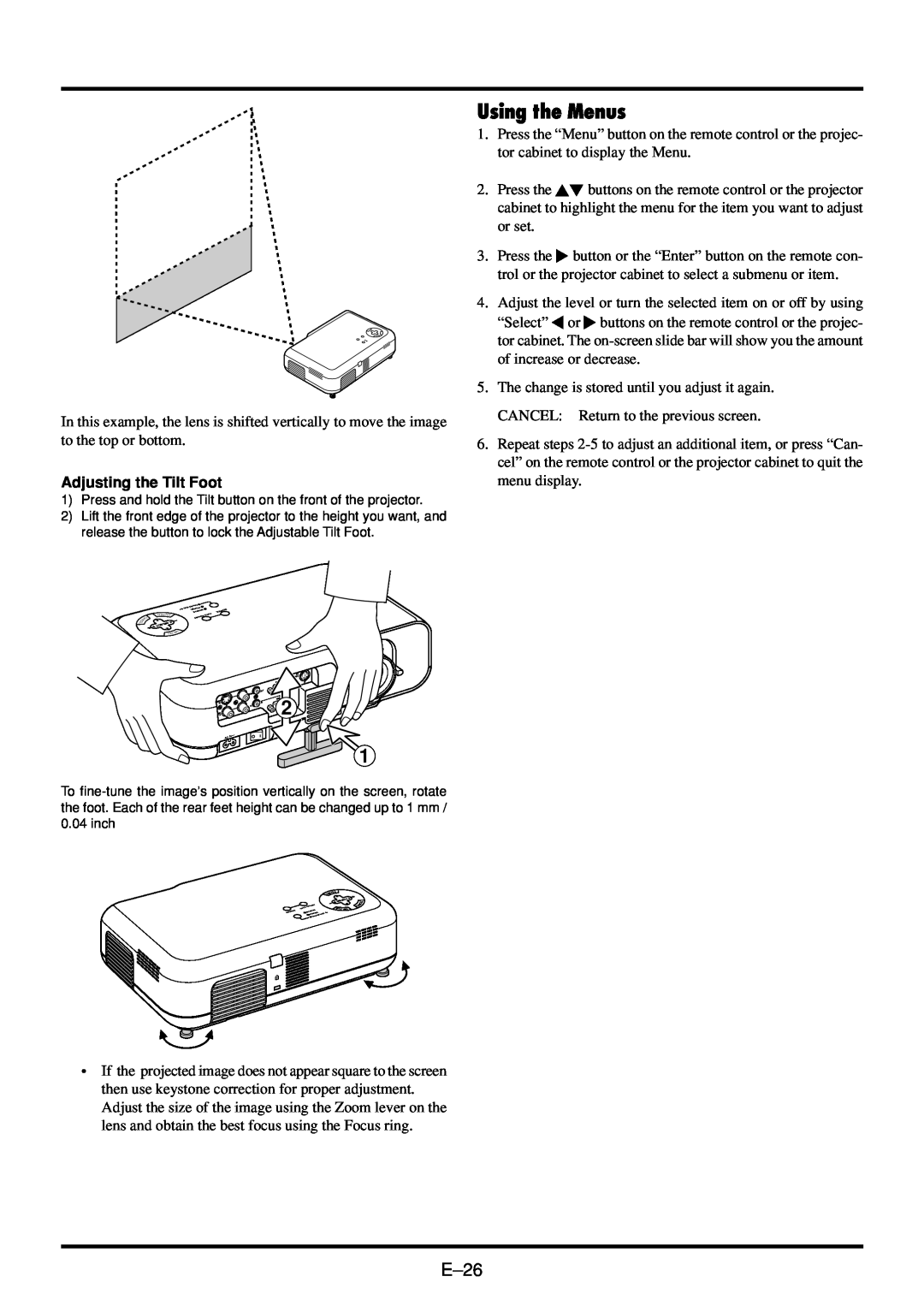 NEC VT45 user manual Using the Menus, E-26 