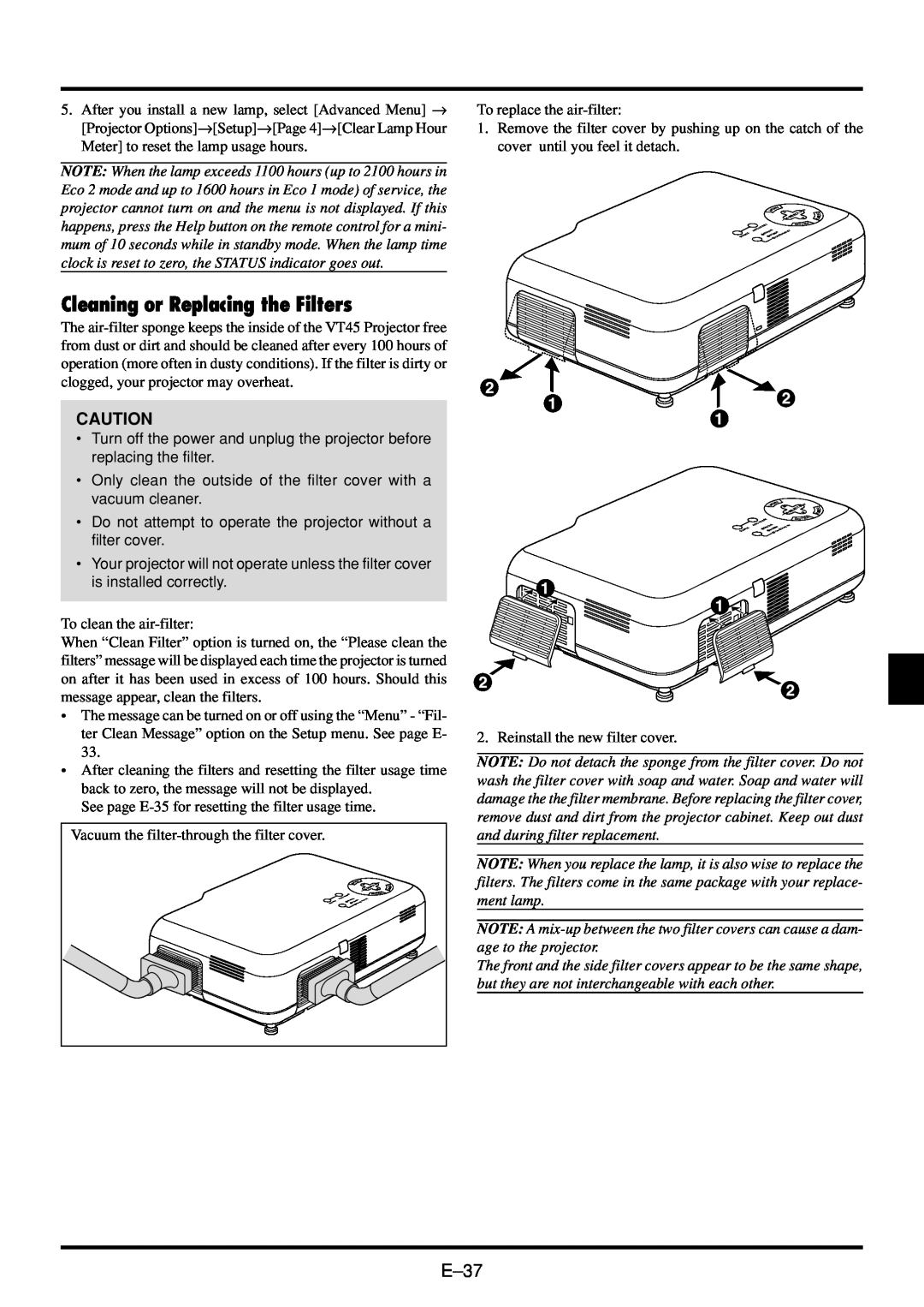 NEC VT45 user manual Cleaning or Replacing the Filters, E-37 