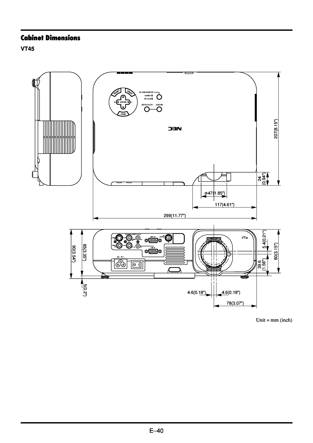 NEC VT45 user manual Cabinet Dimensions, Enter, Select Adjust Auto Source Menu 