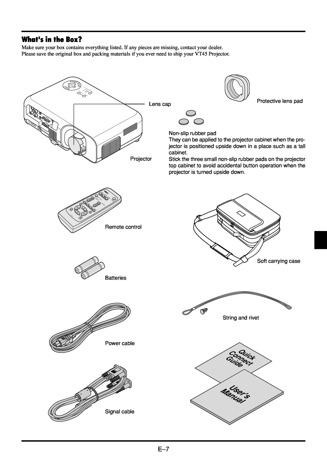 NEC VT45 user manual Whats in the Box?, ManualUsers, ConnectQuick Guide 