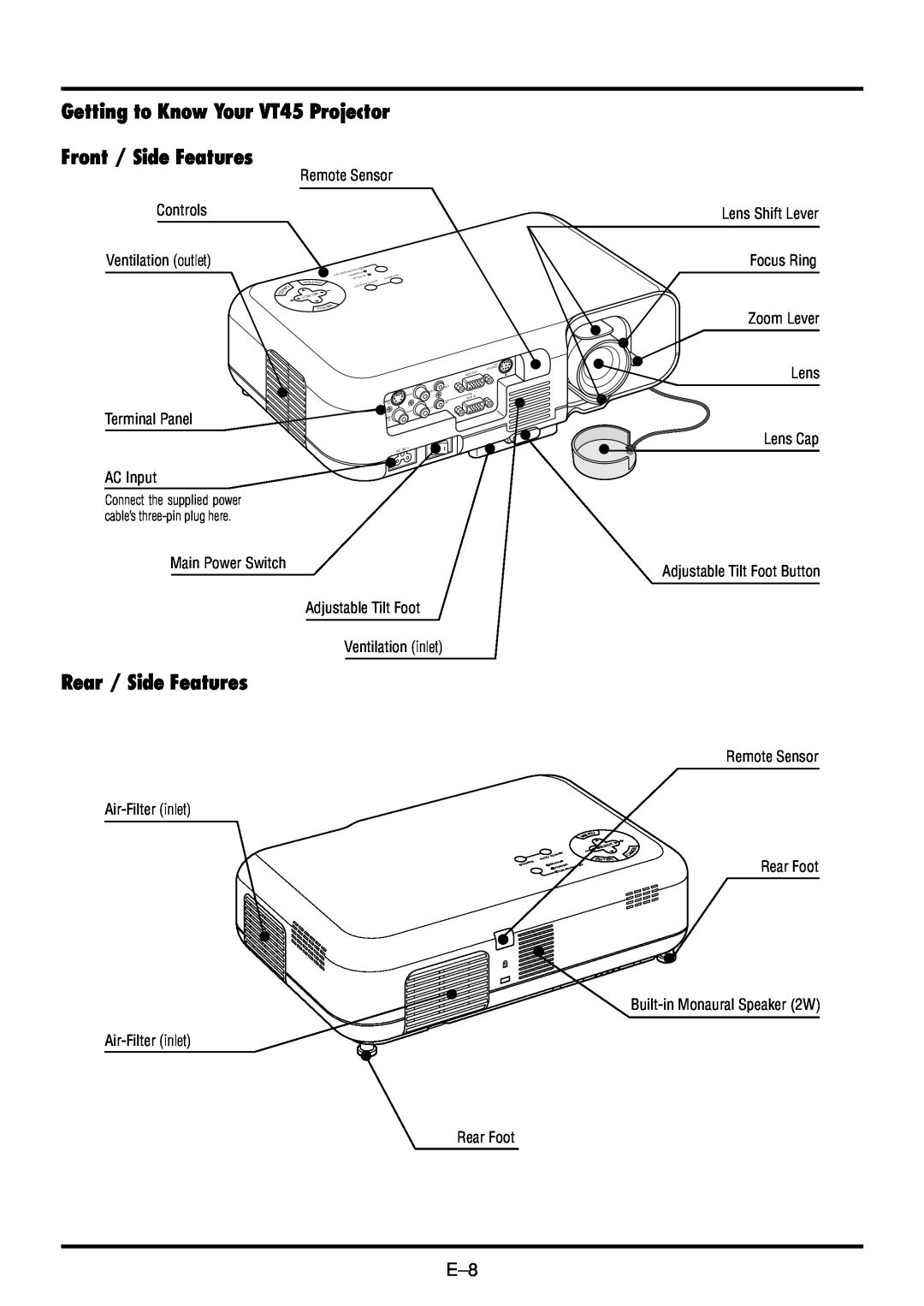 NEC user manual Getting to Know Your VT45 Projector, Front / Side Features, Rear / Side Features 