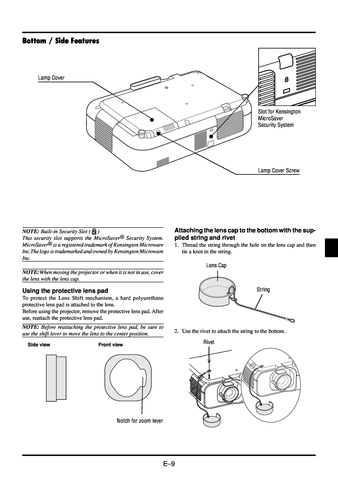 NEC VT45 user manual Bottom / Side Features, Using the protective lens pad 