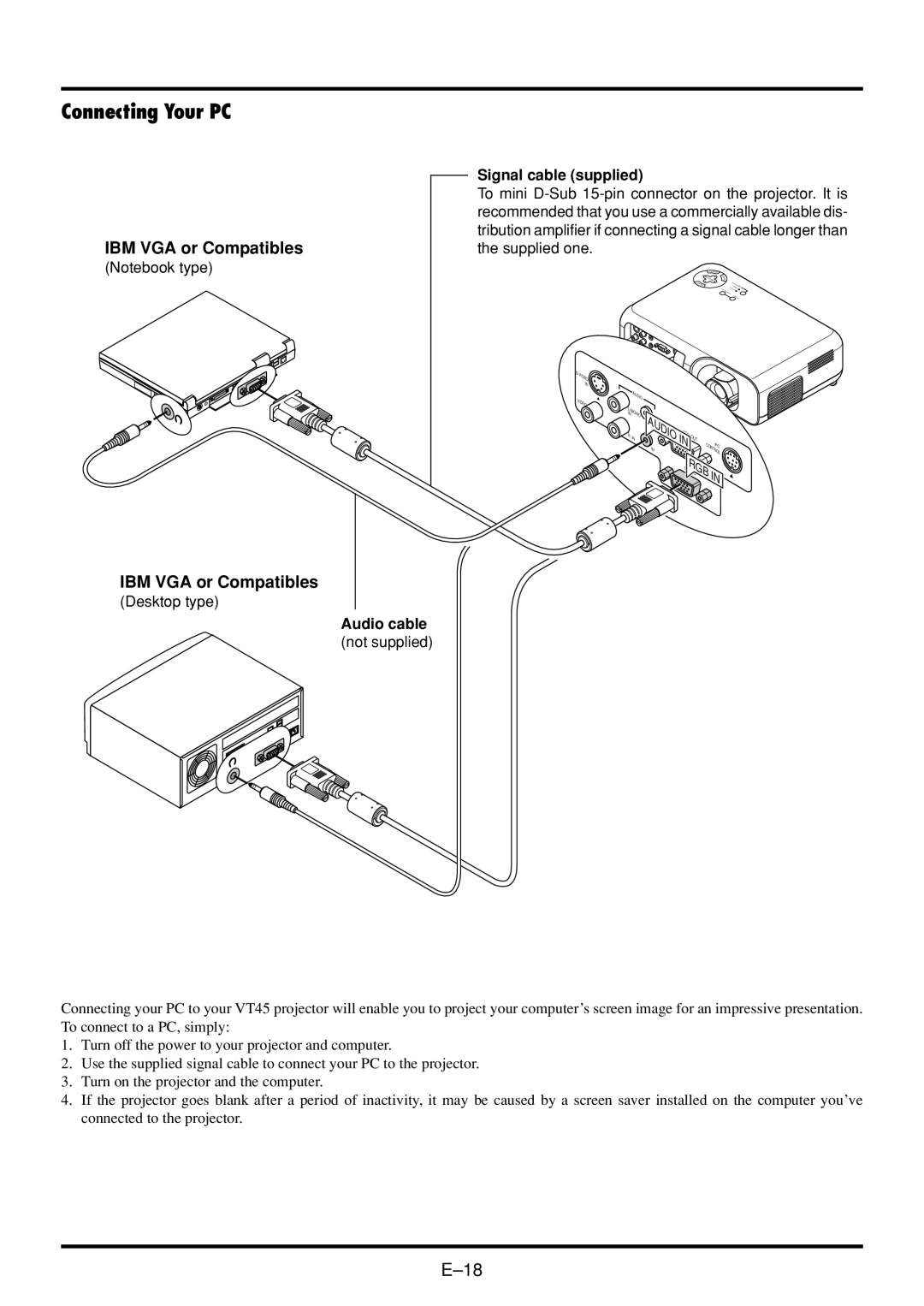 NEC VT45 user manual Connecting Your PC, IBM VGA or Compatibles, Signal cable supplied, Audio cable 