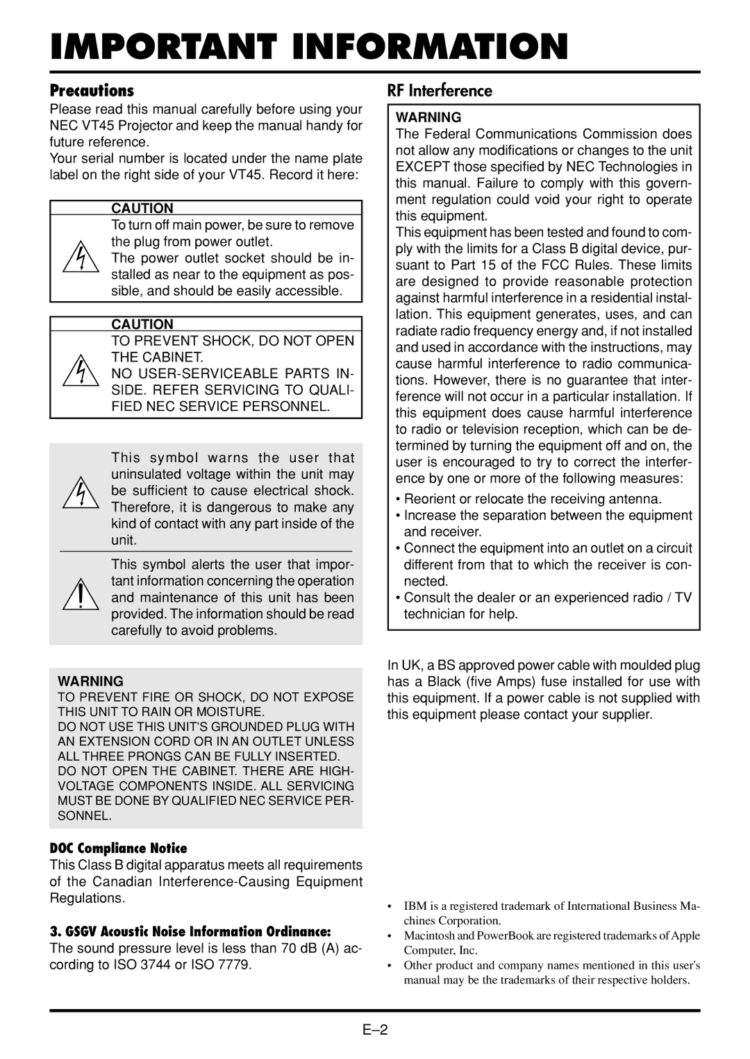 NEC VT45 user manual Important Information, Precautions 