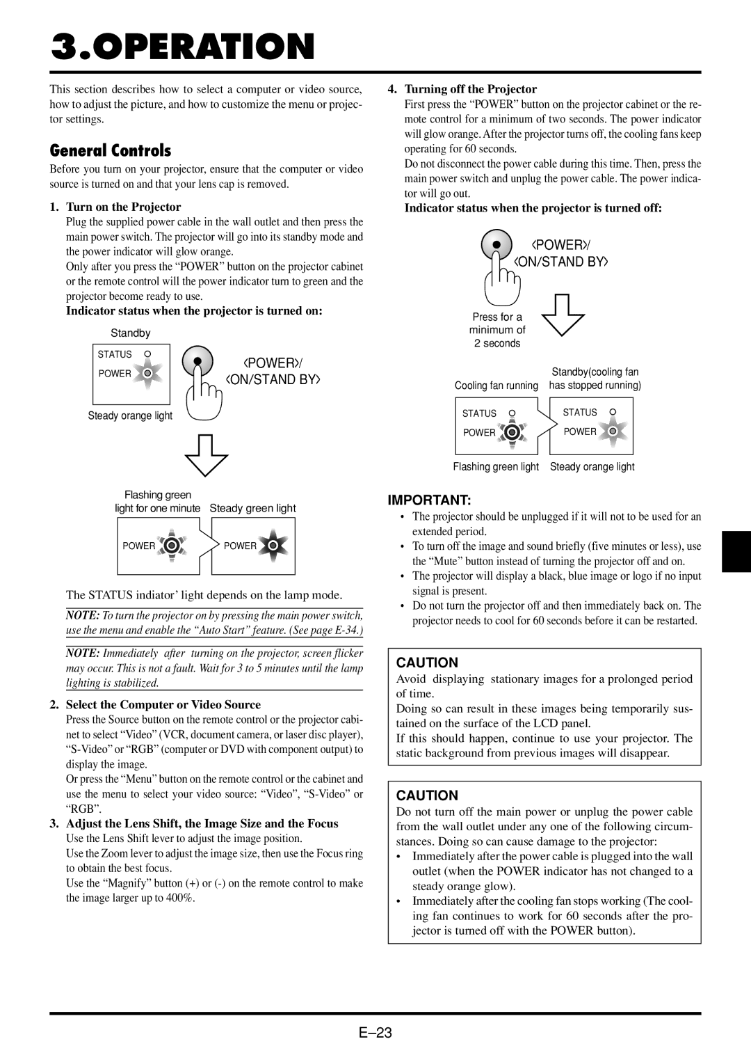 NEC VT45 user manual Operation, General Controls 