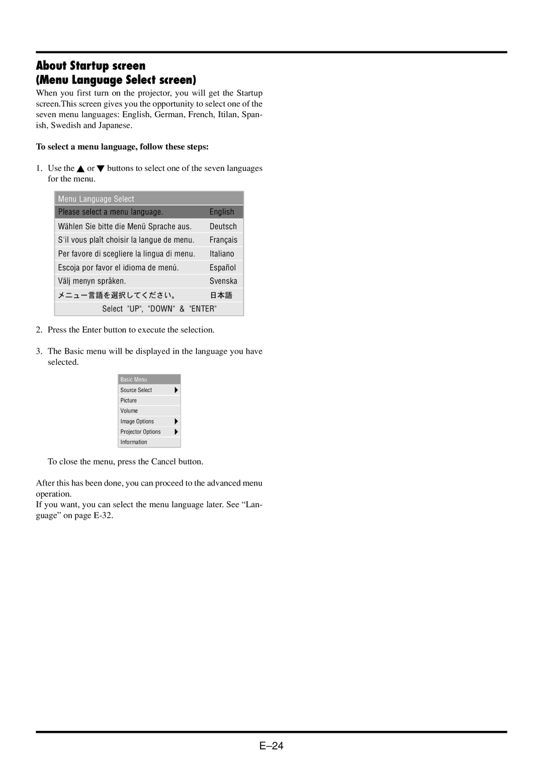 NEC VT45 user manual About Startup screen Menu Language Select screen, To select a menu language, follow these steps 