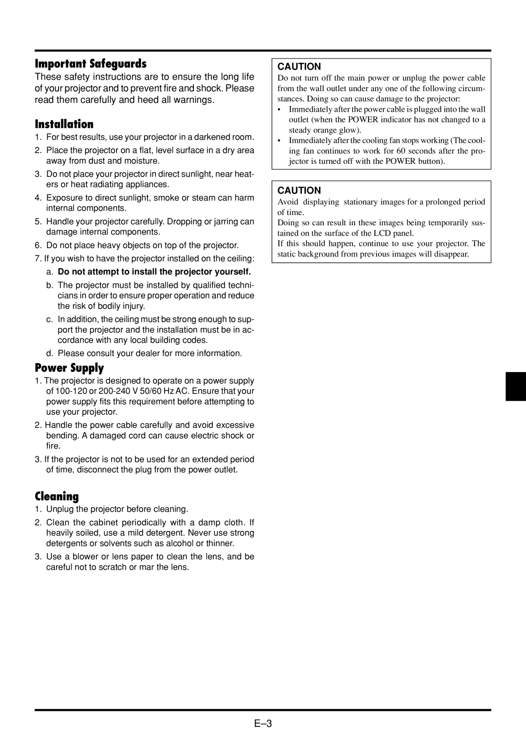 NEC VT45 Important Safeguards, Installation, Power Supply, Cleaning, Do not attempt to install the projector yourself 