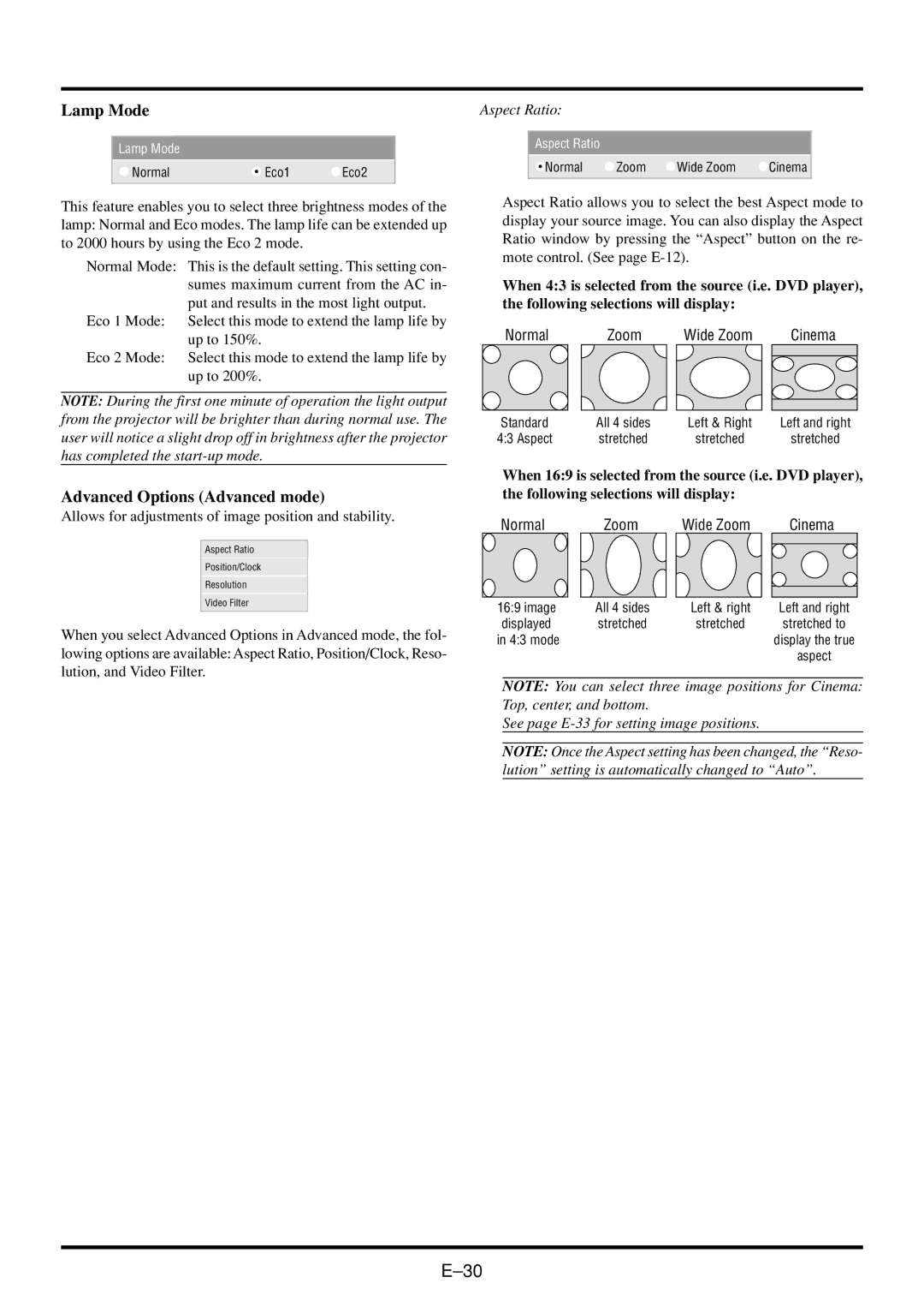 NEC VT45 user manual Lamp Mode, Advanced Options Advanced mode 