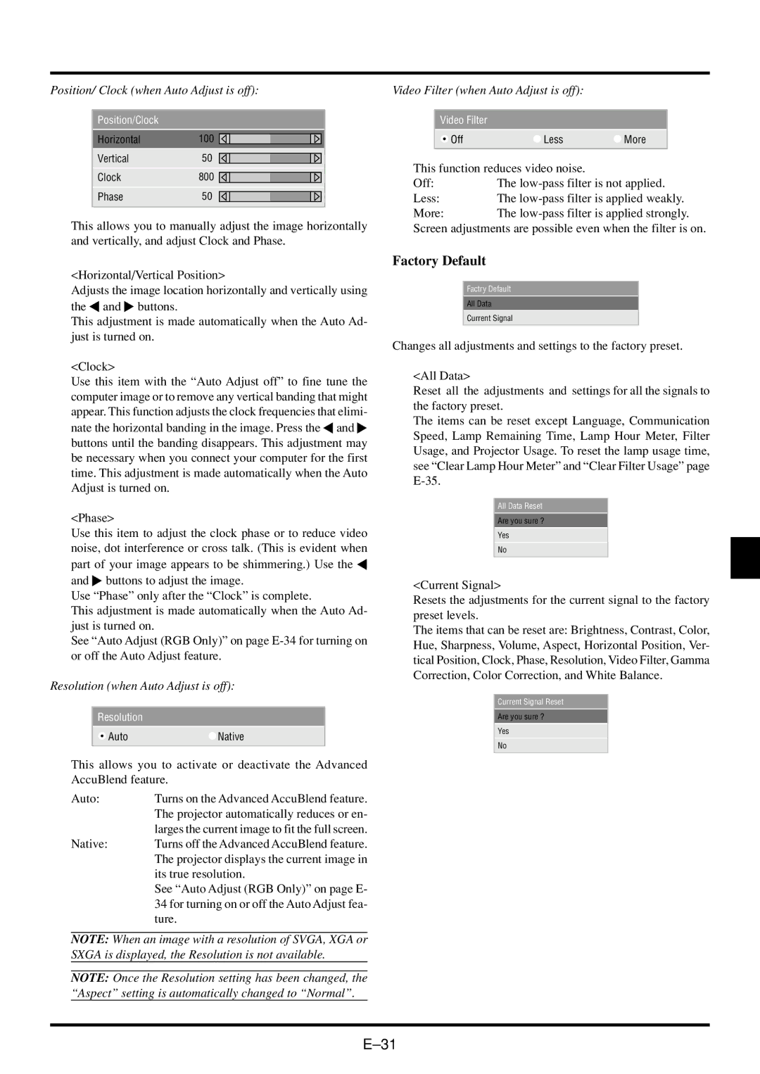 NEC VT45 user manual Factory Default, Position/ Clock when Auto Adjust is off 