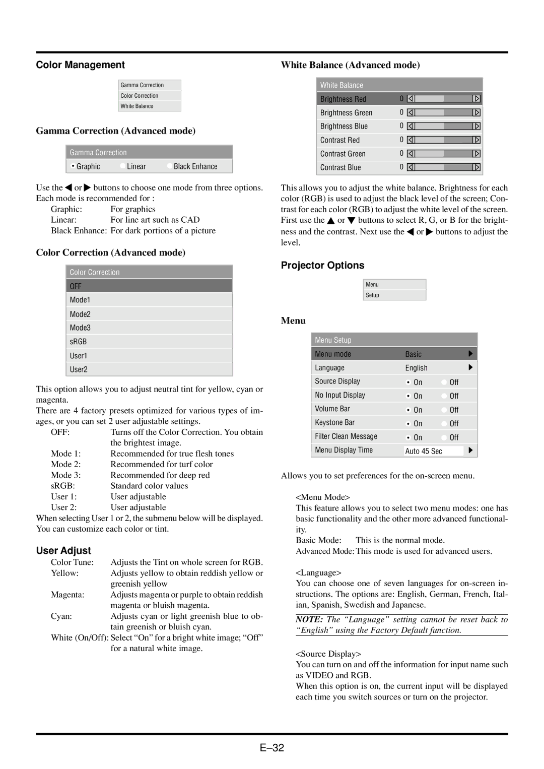 NEC VT45 user manual Color Management, User Adjust, Projector Options 