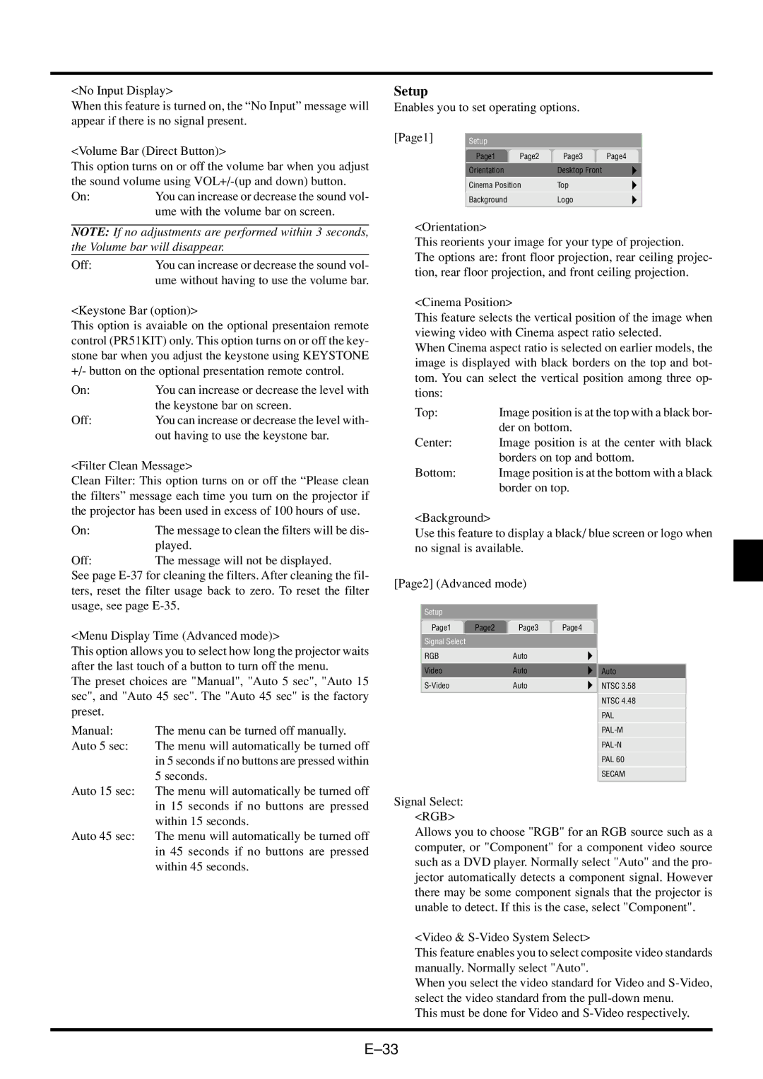 NEC VT45 user manual Setup, Keystone Bar option 