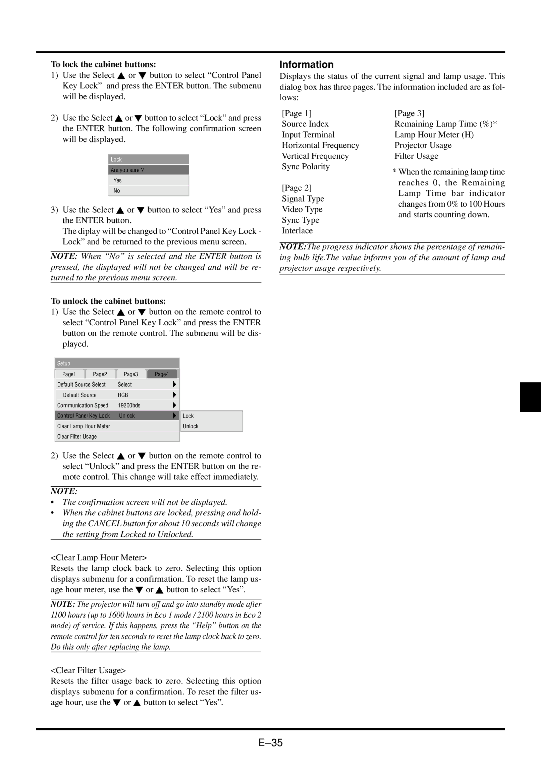 NEC VT45 user manual Information, To lock the cabinet buttons 