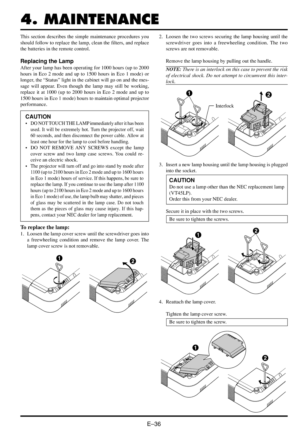 NEC VT45 user manual Maintenance, Replacing the Lamp, To replace the lamp 