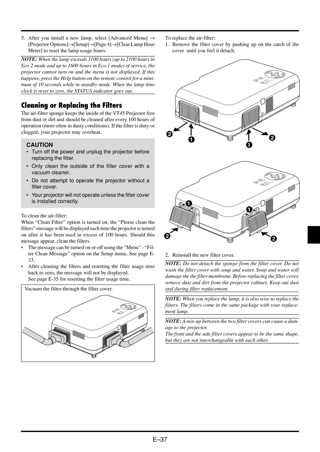 NEC VT45 user manual Cleaning or Replacing the Filters 