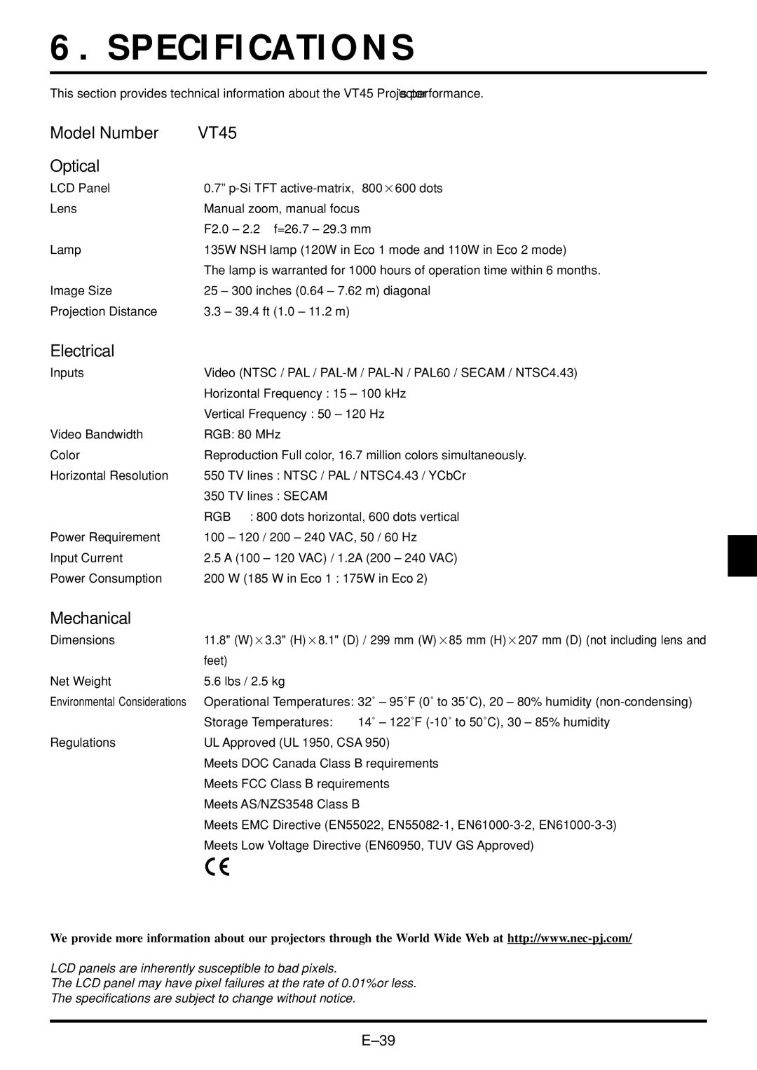 NEC VT45 user manual Specifications, Electrical, Mechanical 