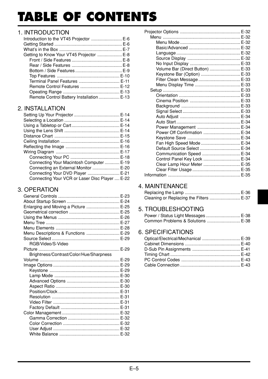 NEC VT45 user manual Table of Contents 