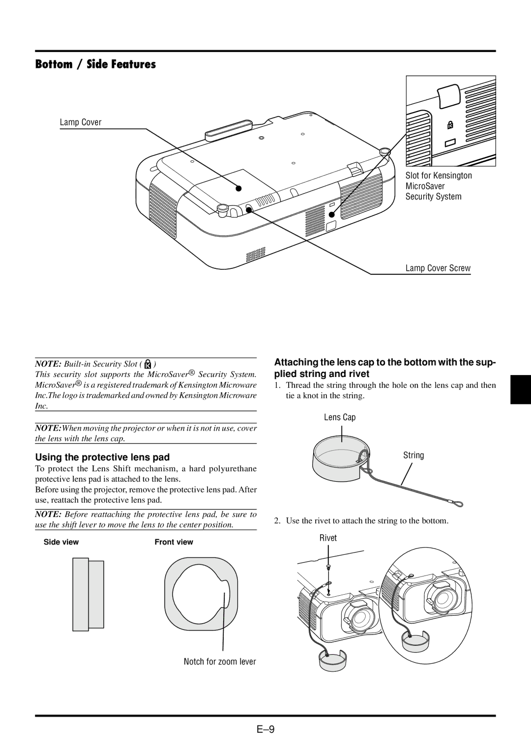 NEC VT45 user manual Bottom / Side Features, Using the protective lens pad 