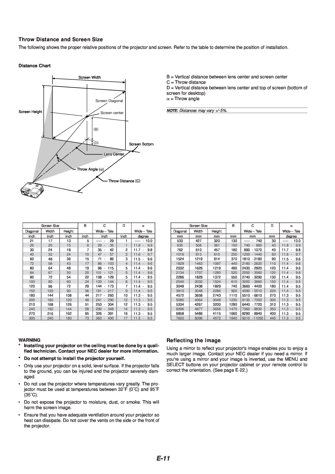 NEC VT46 user manual E-11, Throw Distance and Screen Size, Reflecting the Image, Distance Chart 